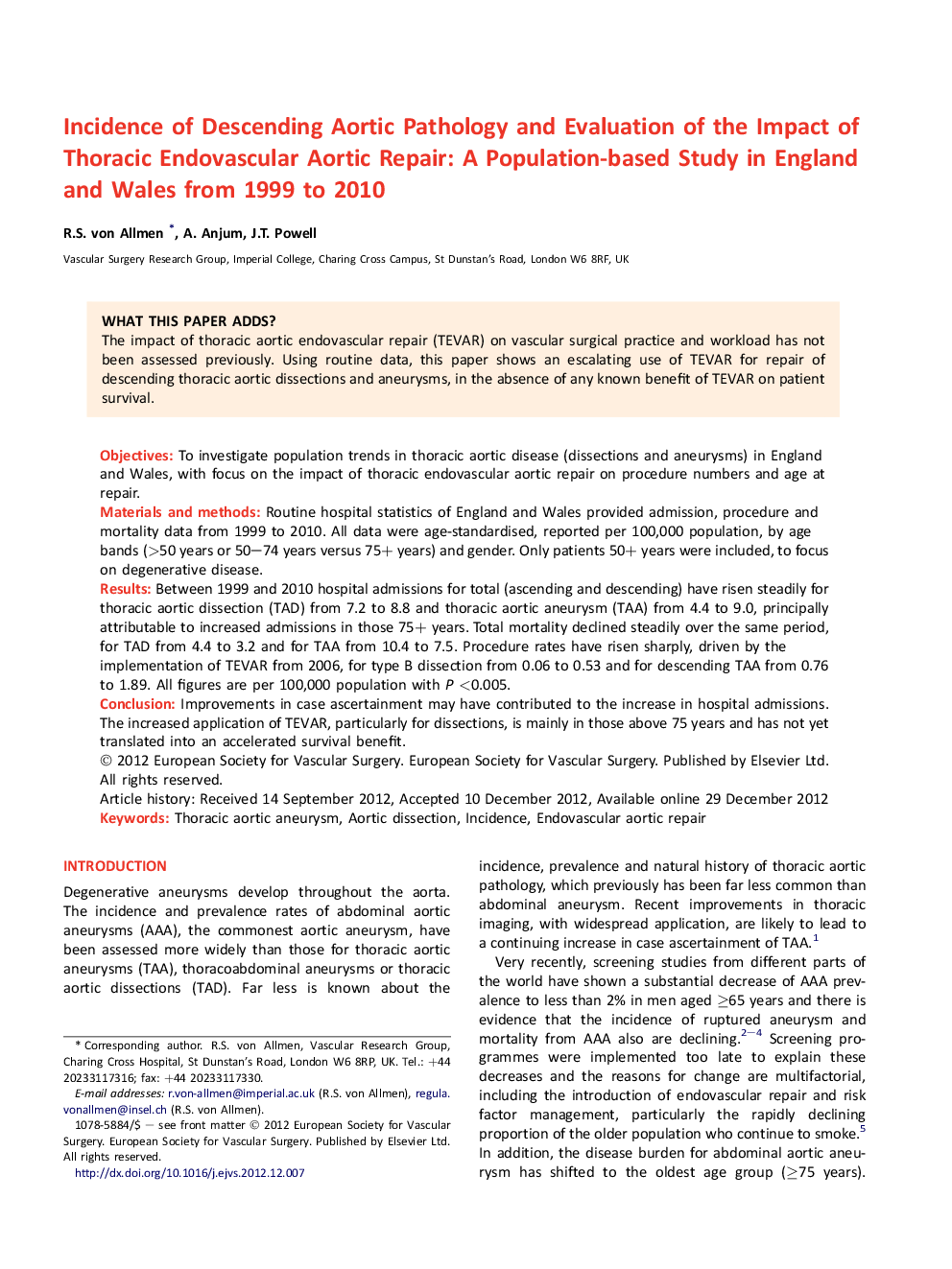 Incidence of Descending Aortic Pathology and Evaluation of the Impact of Thoracic Endovascular Aortic Repair: A Population-based Study in England and Wales from 1999 to 2010