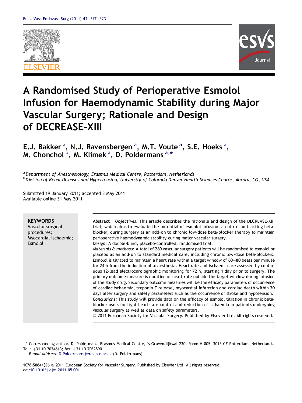 A Randomised Study of Perioperative Esmolol Infusion for Haemodynamic Stability during Major Vascular Surgery; Rationale and Design of DECREASE-XIII