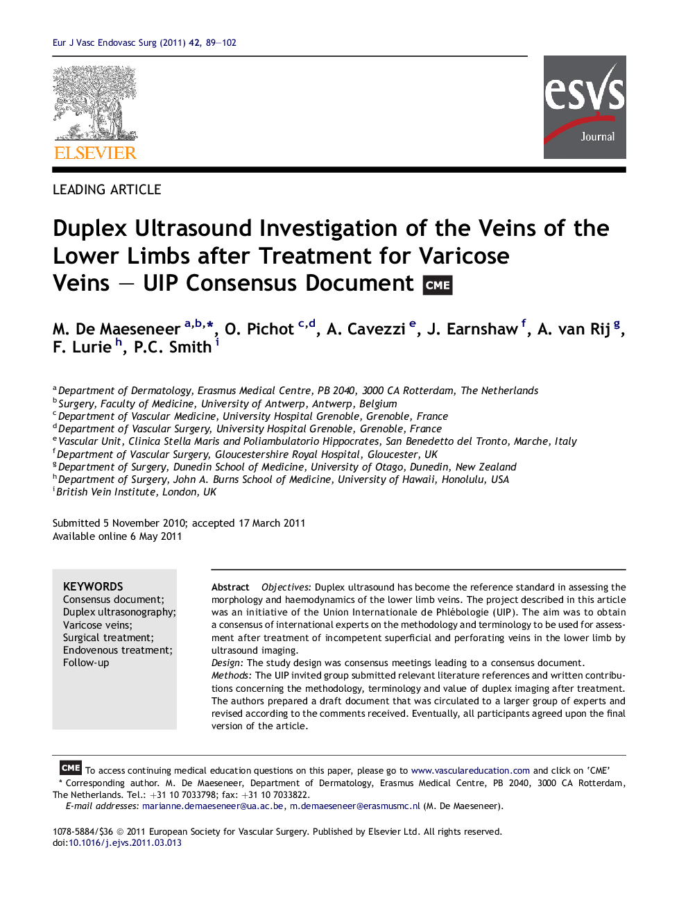 Duplex Ultrasound Investigation of the Veins of the Lower Limbs after Treatment for Varicose Veins – UIP Consensus Document 