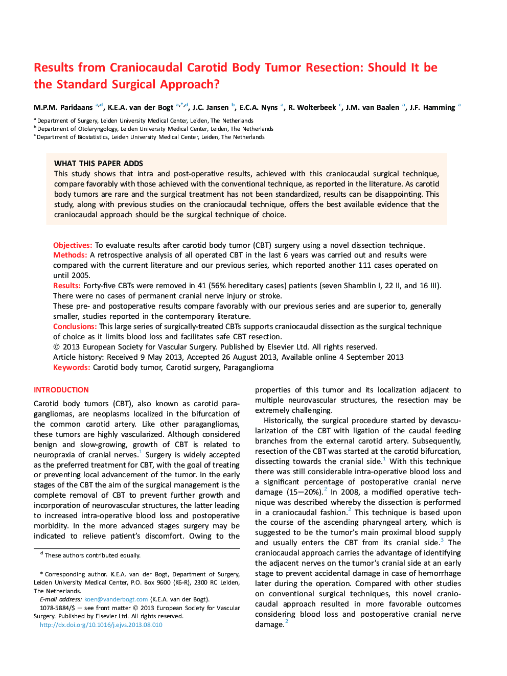 Results from Craniocaudal Carotid Body Tumor Resection: Should It be the Standard Surgical Approach?