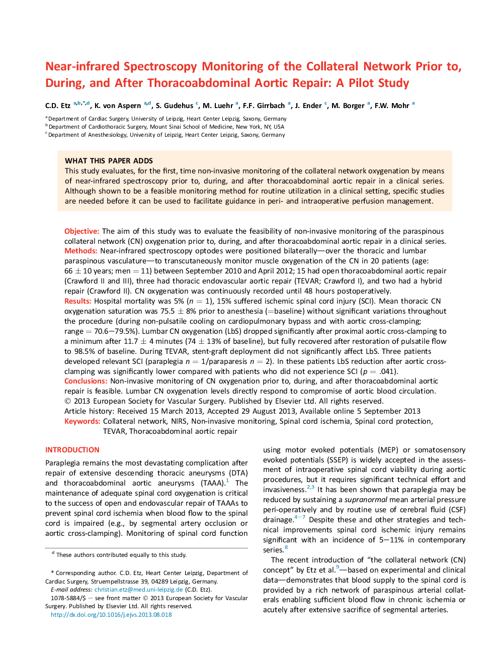 Near-infrared Spectroscopy Monitoring of the Collateral Network Prior to, During, and After Thoracoabdominal Aortic Repair: A Pilot Study