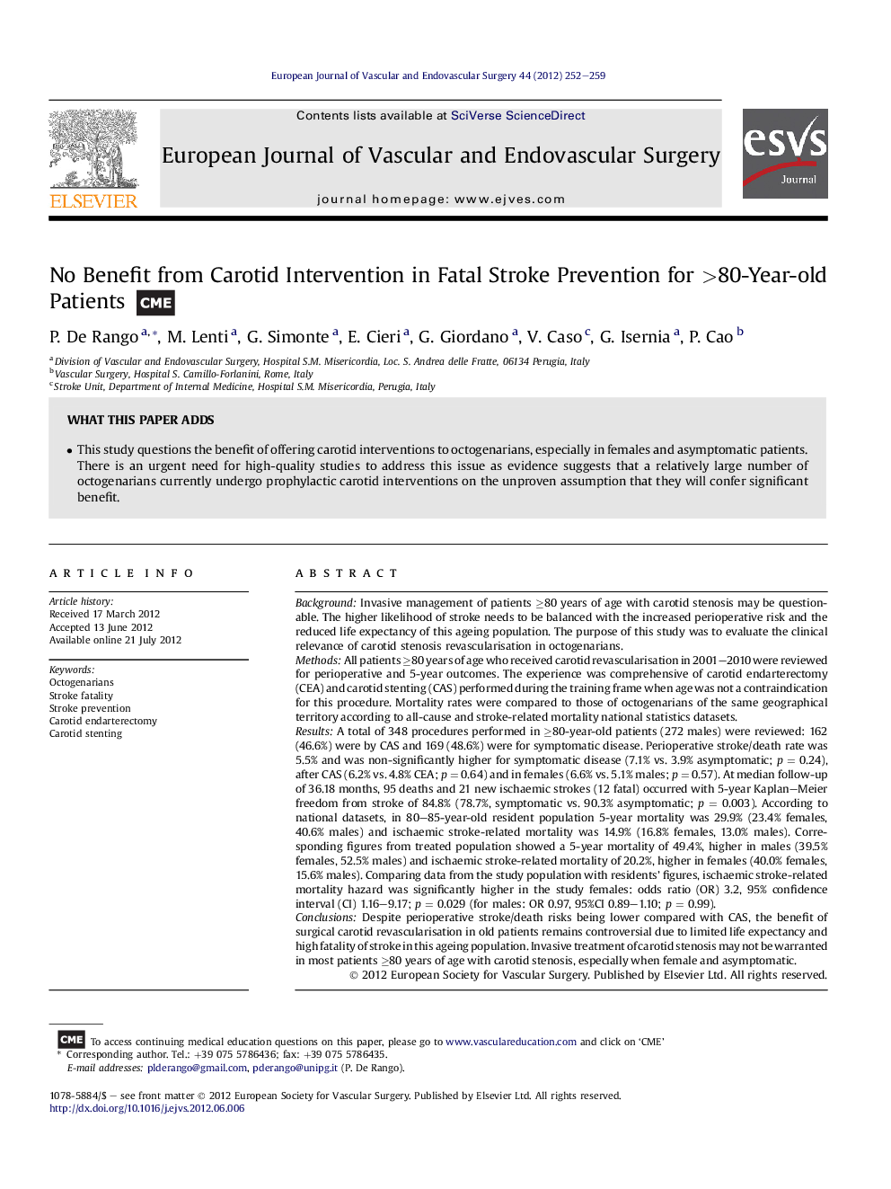 No Benefit from Carotid Intervention in Fatal Stroke Prevention for >80-Year-old Patients 