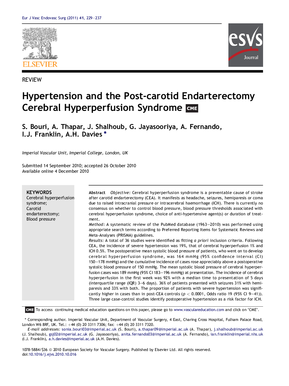 Hypertension and the Post-carotid Endarterectomy Cerebral Hyperperfusion Syndrome 