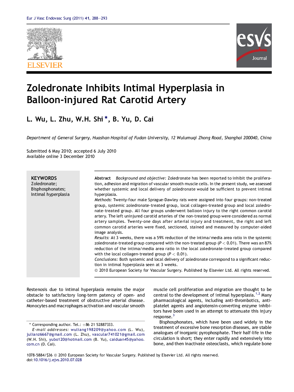 Zoledronate Inhibits Intimal Hyperplasia in Balloon-injured Rat Carotid Artery