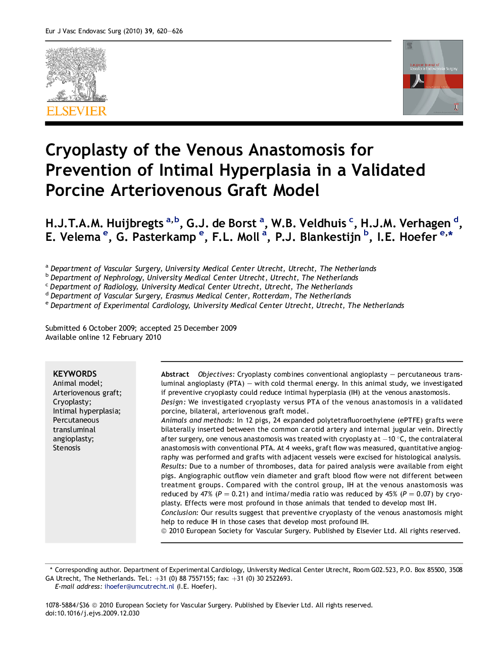 Cryoplasty of the Venous Anastomosis for Prevention of Intimal Hyperplasia in a Validated Porcine Arteriovenous Graft Model