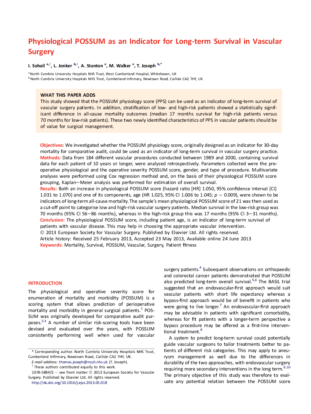 Physiological POSSUM as an Indicator for Long-term Survival in Vascular Surgery