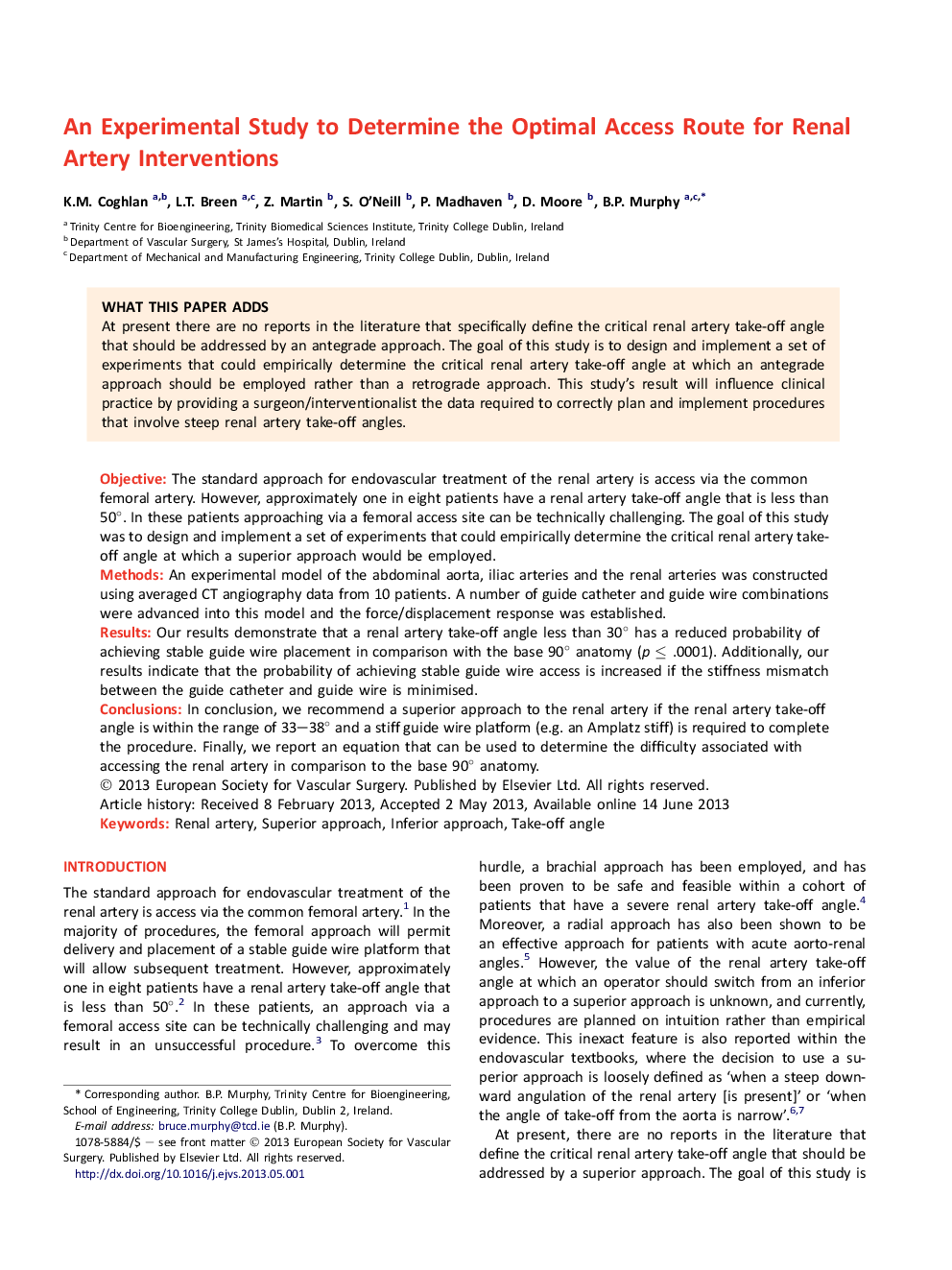 An Experimental Study to Determine the Optimal Access Route for Renal Artery Interventions