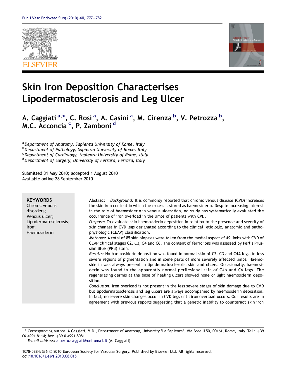 Skin Iron Deposition Characterises Lipodermatosclerosis and Leg Ulcer