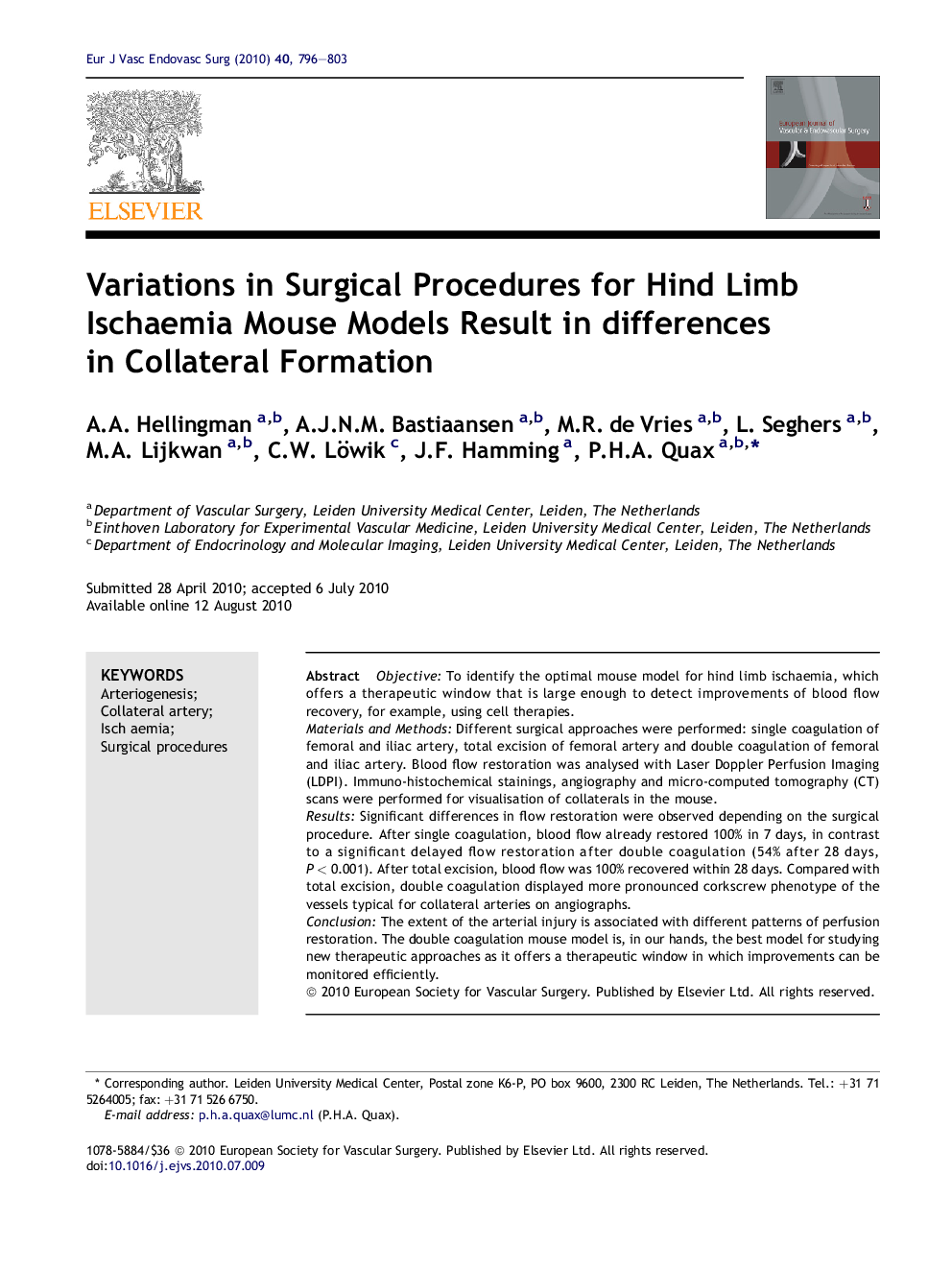 Variations in Surgical Procedures for Hind Limb Ischaemia Mouse Models Result in differences in Collateral Formation