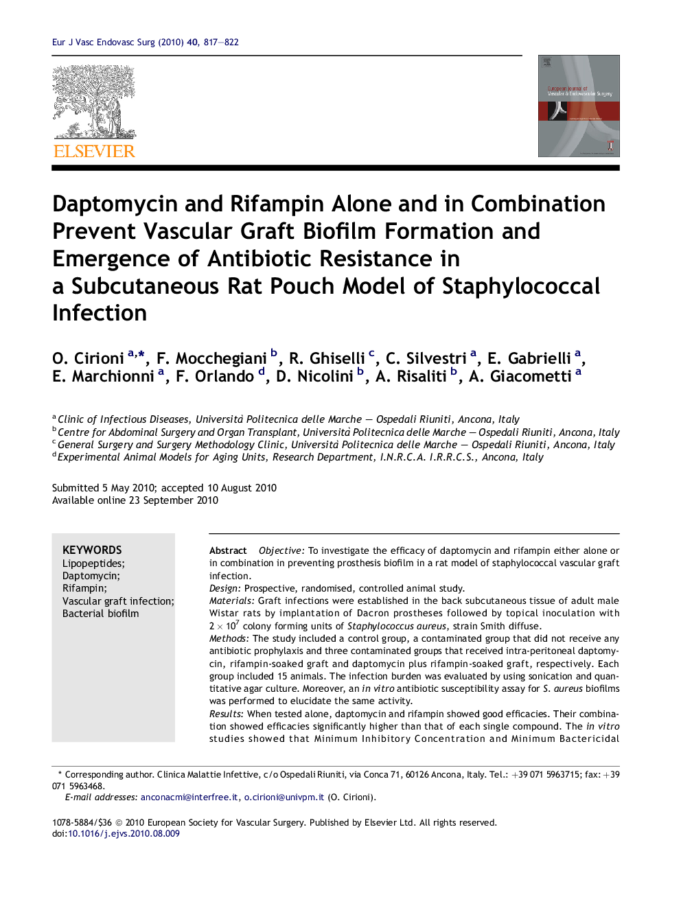 Daptomycin and Rifampin Alone and in Combination Prevent Vascular Graft Biofilm Formation and Emergence of Antibiotic Resistance in a Subcutaneous Rat Pouch Model of Staphylococcal Infection