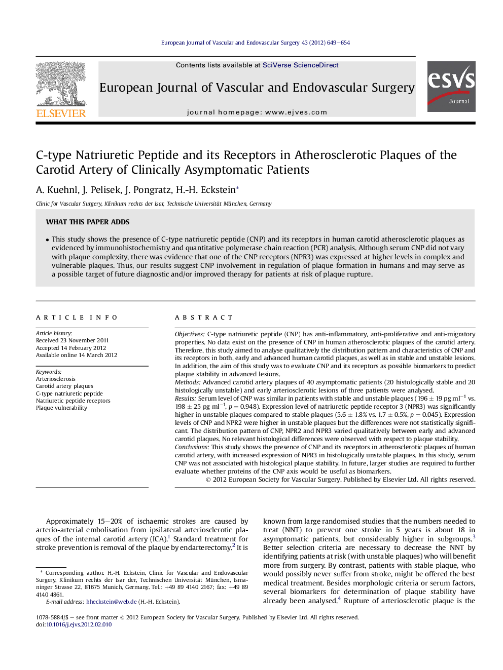 C-type Natriuretic Peptide and its Receptors in Atherosclerotic Plaques of the Carotid Artery of Clinically Asymptomatic Patients