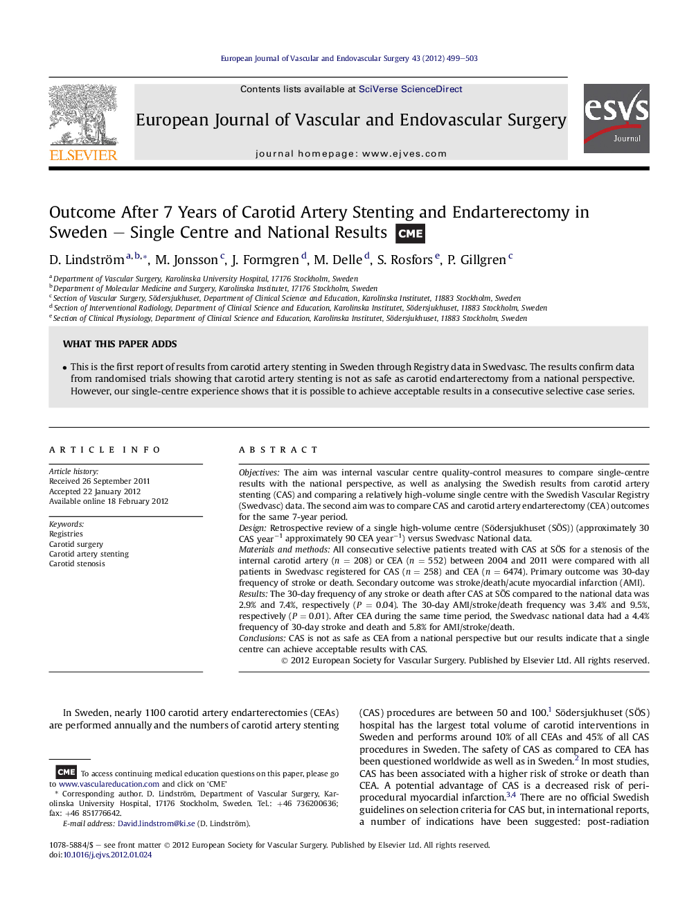 Outcome After 7 Years of Carotid Artery Stenting and Endarterectomy in Sweden – Single Centre and National Results 