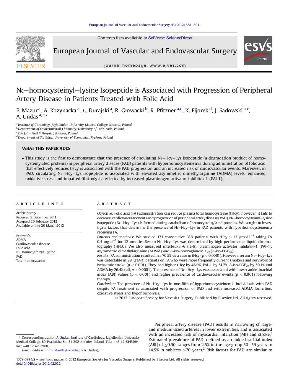 Nɛ–homocysteinyl–lysine Isopeptide is Associated with Progression of Peripheral Artery Disease in Patients Treated with Folic Acid