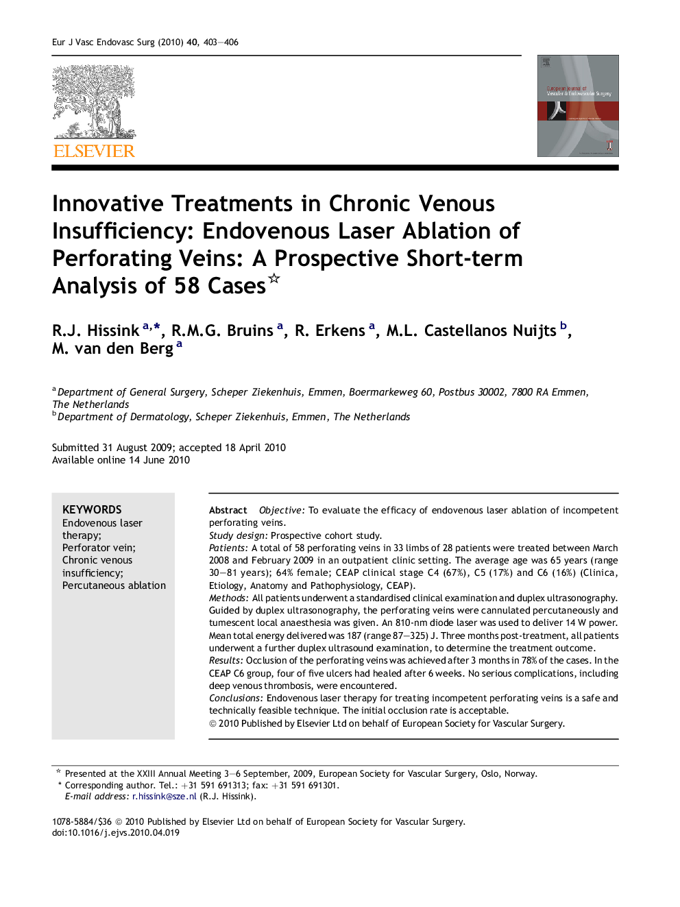 Innovative Treatments in Chronic Venous Insufficiency: Endovenous Laser Ablation of Perforating Veins: A Prospective Short-term Analysis of 58 Cases 