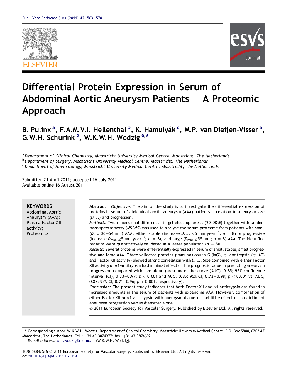 Differential Protein Expression in Serum of Abdominal Aortic Aneurysm Patients – A Proteomic Approach