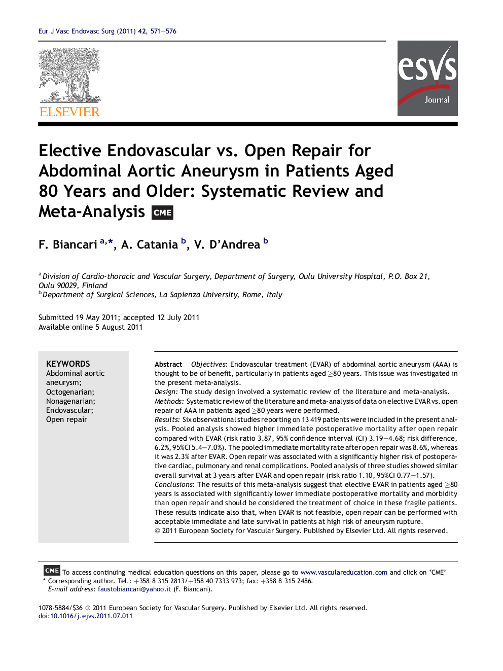 Elective Endovascular vs. Open Repair for Abdominal Aortic Aneurysm in Patients Aged 80 Years and Older: Systematic Review and Meta-Analysis 