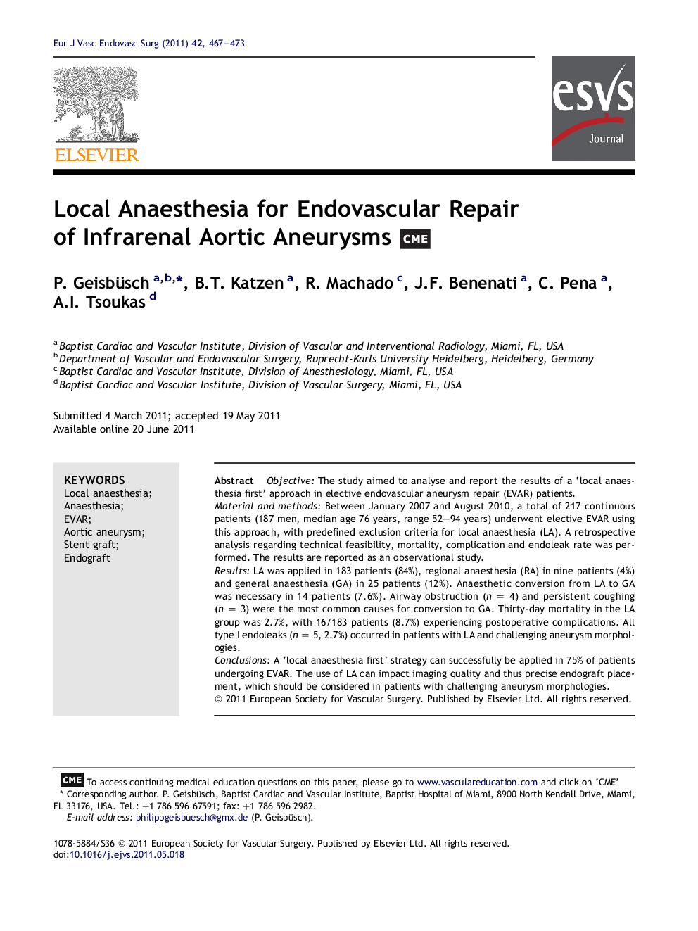 Local Anaesthesia for Endovascular Repair of Infrarenal Aortic Aneurysms 