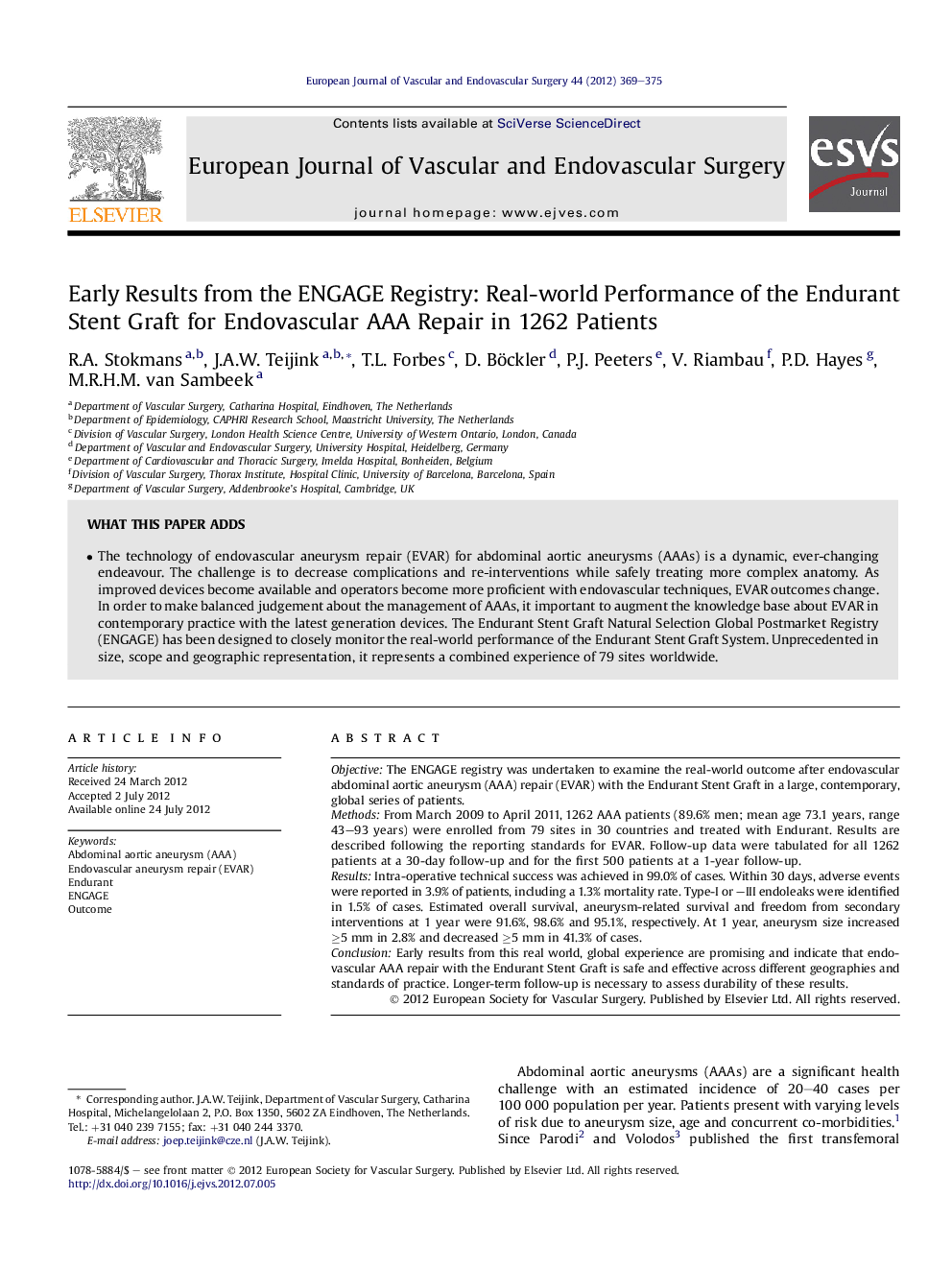 Early Results from the ENGAGE Registry: Real-world Performance of the Endurant Stent Graft for Endovascular AAA Repair in 1262 Patients