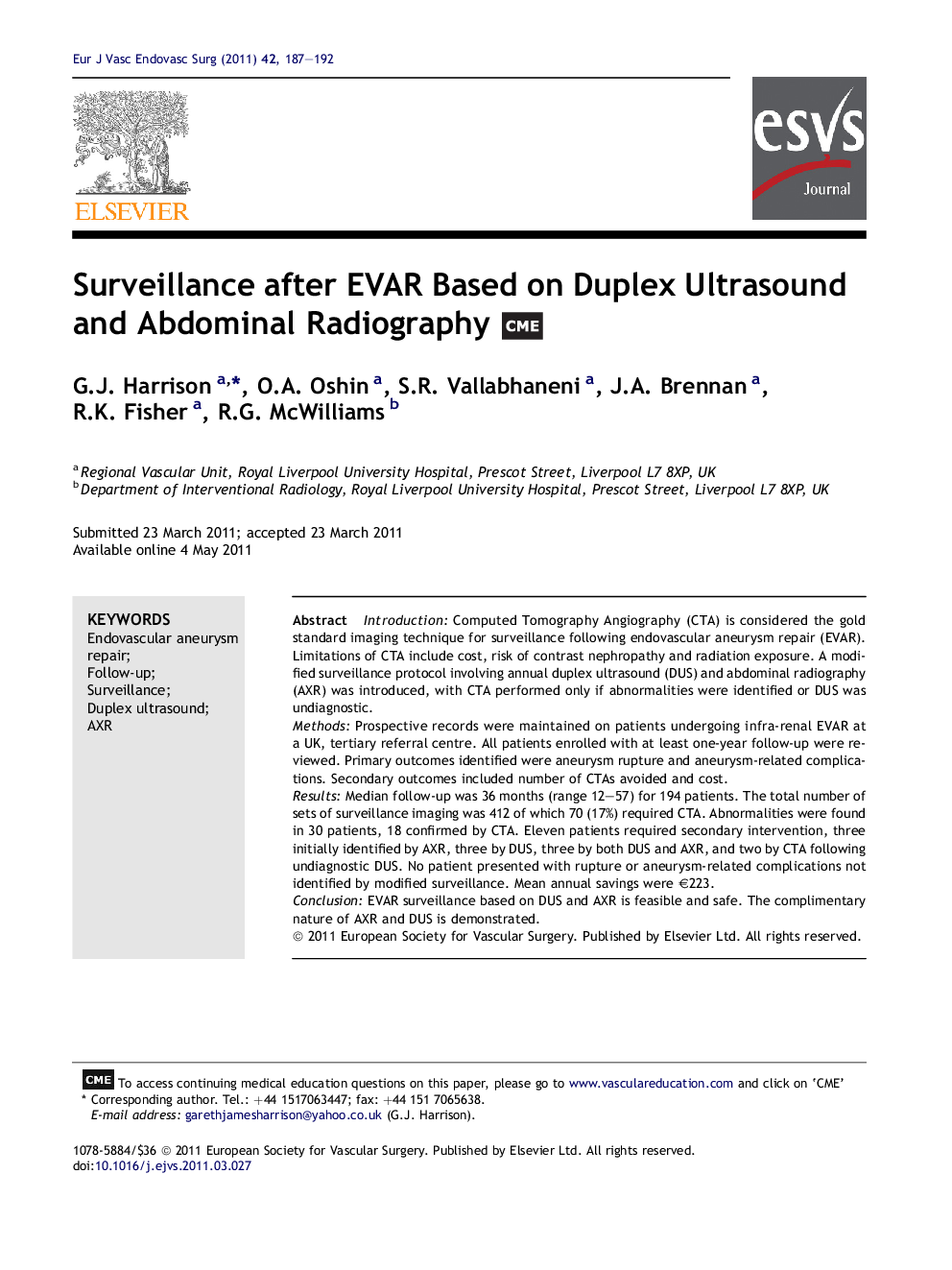 Surveillance after EVAR Based on Duplex Ultrasound and Abdominal Radiography 