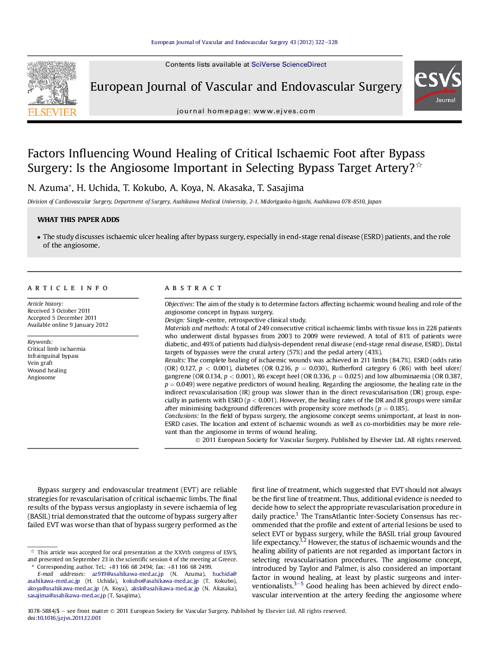 Factors Influencing Wound Healing of Critical Ischaemic Foot after Bypass Surgery: Is the Angiosome Important in Selecting Bypass Target Artery? 