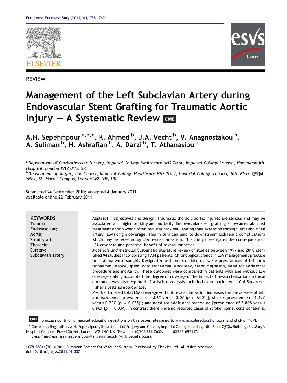 Management of the Left Subclavian Artery during Endovascular Stent Grafting for Traumatic Aortic Injury – A Systematic Review 