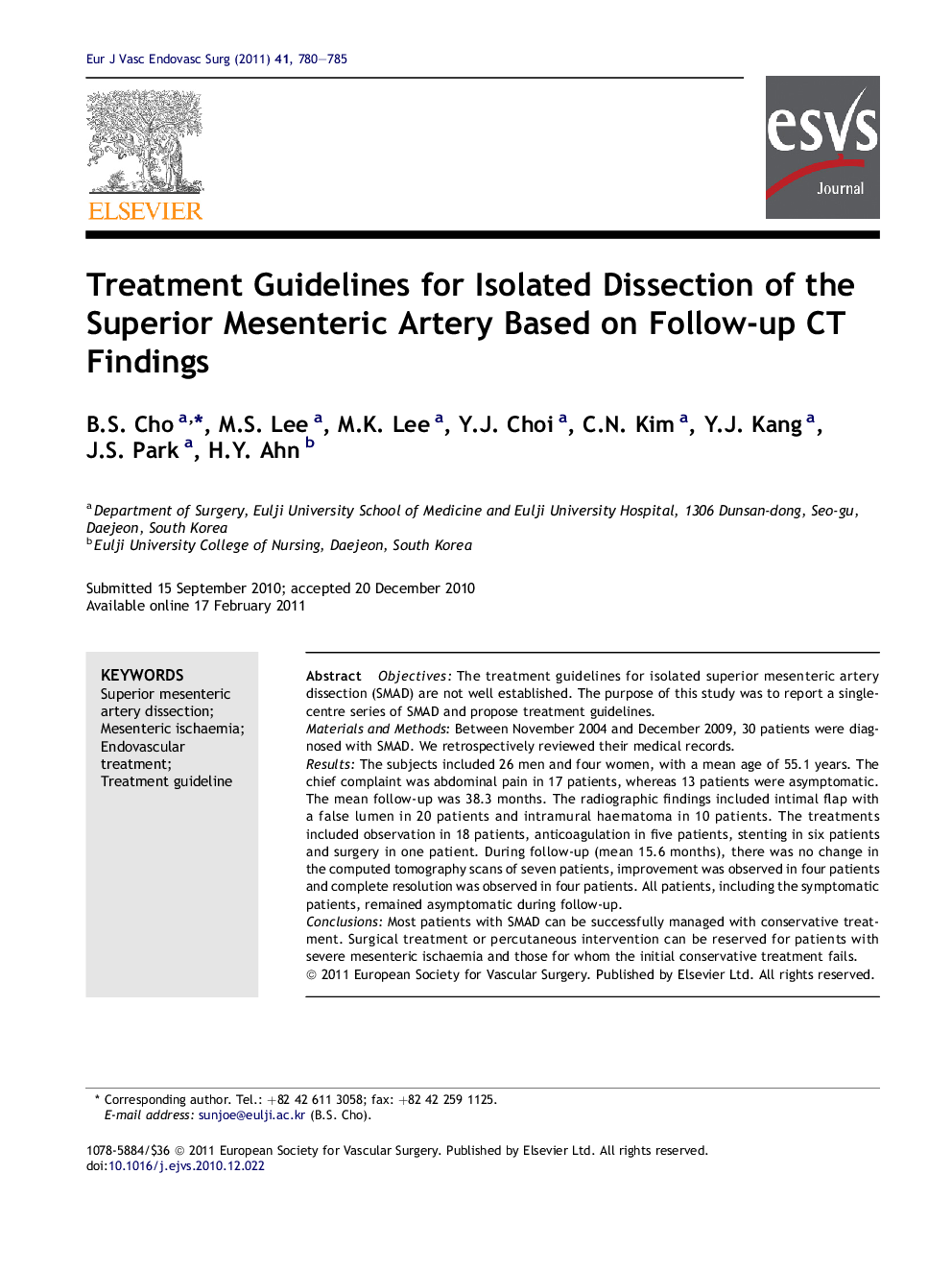 Treatment Guidelines for Isolated Dissection of the Superior Mesenteric Artery Based on Follow-up CT Findings