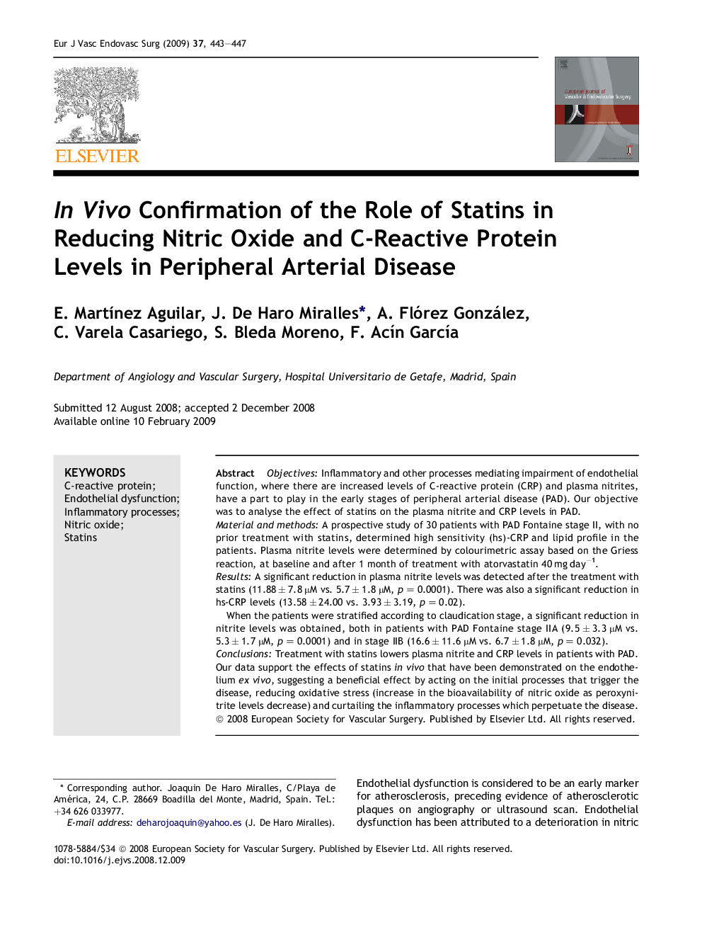 In Vivo Confirmation of the Role of Statins in Reducing Nitric Oxide and C-Reactive Protein Levels in Peripheral Arterial Disease