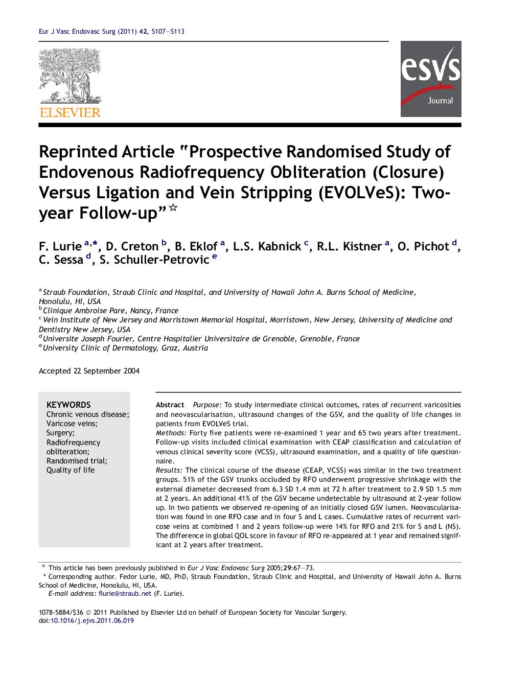 Reprinted Article “Prospective Randomised Study of Endovenous Radiofrequency Obliteration (Closure) Versus Ligation and Vein Stripping (EVOLVeS): Two-year Follow-up” 