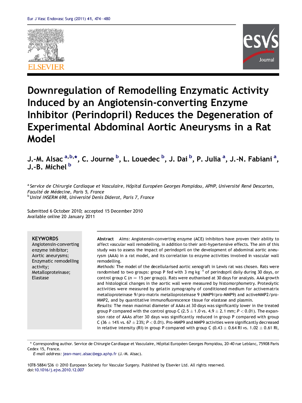 Downregulation of Remodelling Enzymatic Activity Induced by an Angiotensin-converting Enzyme Inhibitor (Perindopril) Reduces the Degeneration of Experimental Abdominal Aortic Aneurysms in a Rat Model