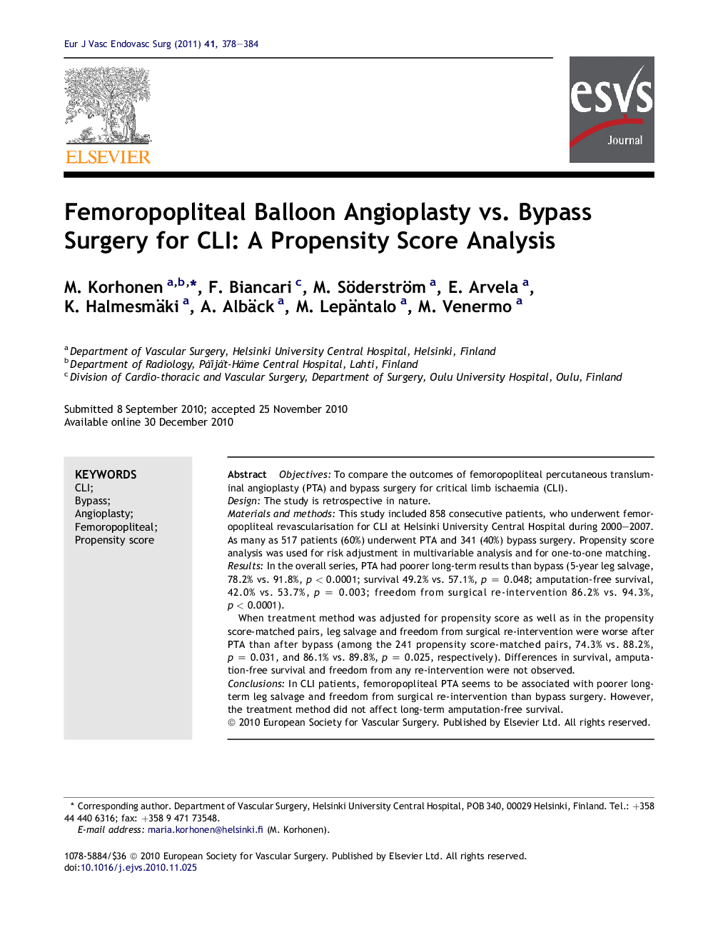 Femoropopliteal Balloon Angioplasty vs. Bypass Surgery for CLI: A Propensity Score Analysis