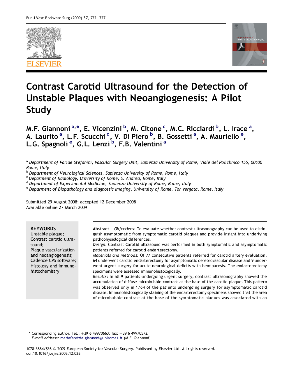 Contrast Carotid Ultrasound for the Detection of Unstable Plaques with Neoangiogenesis: A Pilot Study