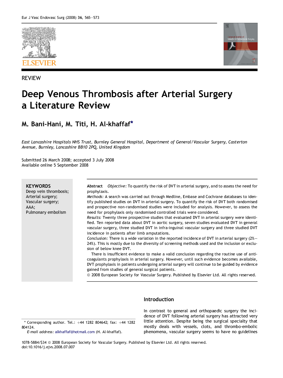 Deep Venous Thrombosis after Arterial Surgery a Literature Review