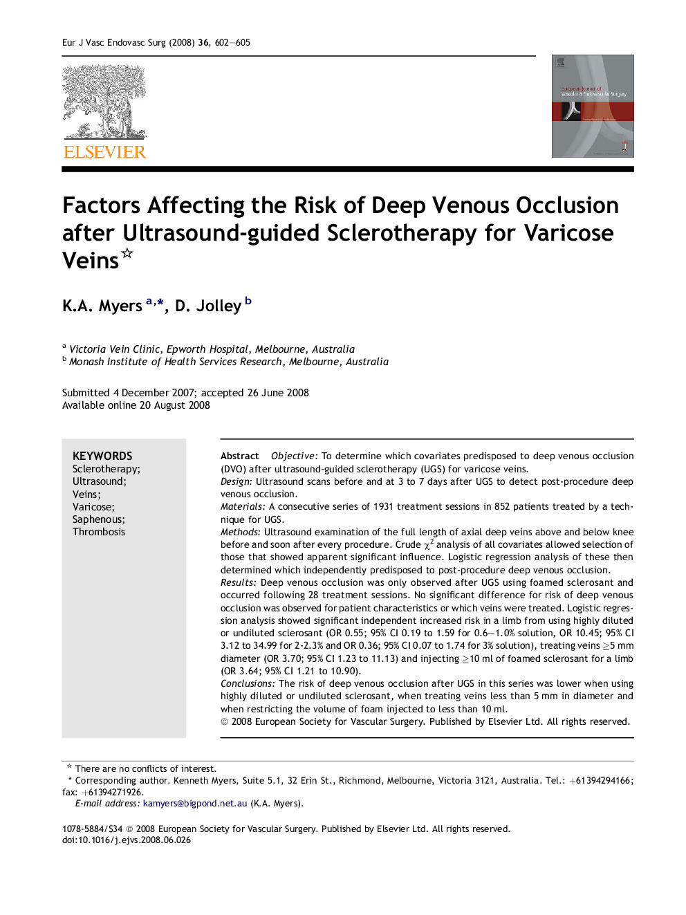 Factors Affecting the Risk of Deep Venous Occlusion after Ultrasound-guided Sclerotherapy for Varicose Veins 