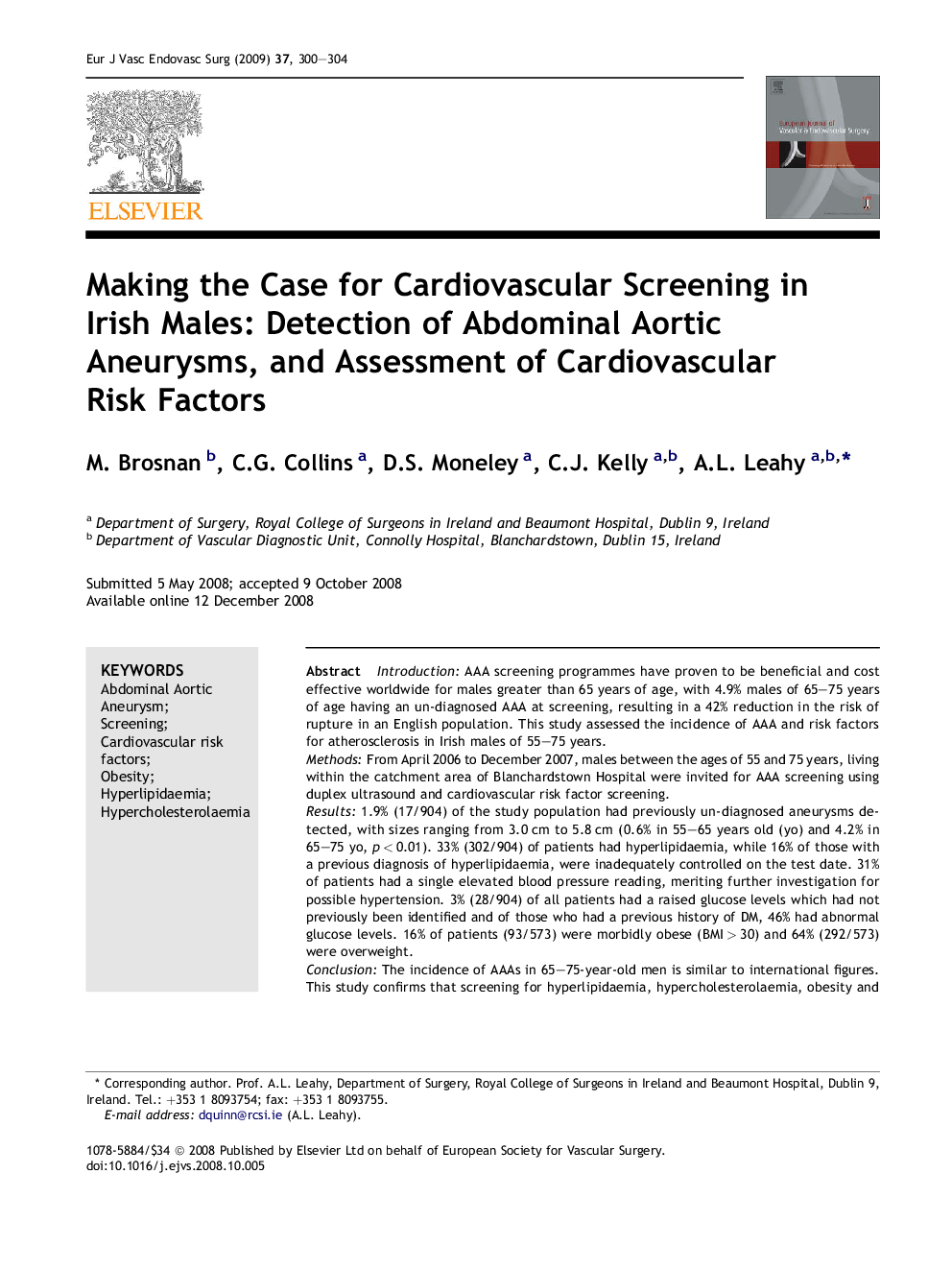 Making the Case for Cardiovascular Screening in Irish Males: Detection of Abdominal Aortic Aneurysms, and Assessment of Cardiovascular Risk Factors