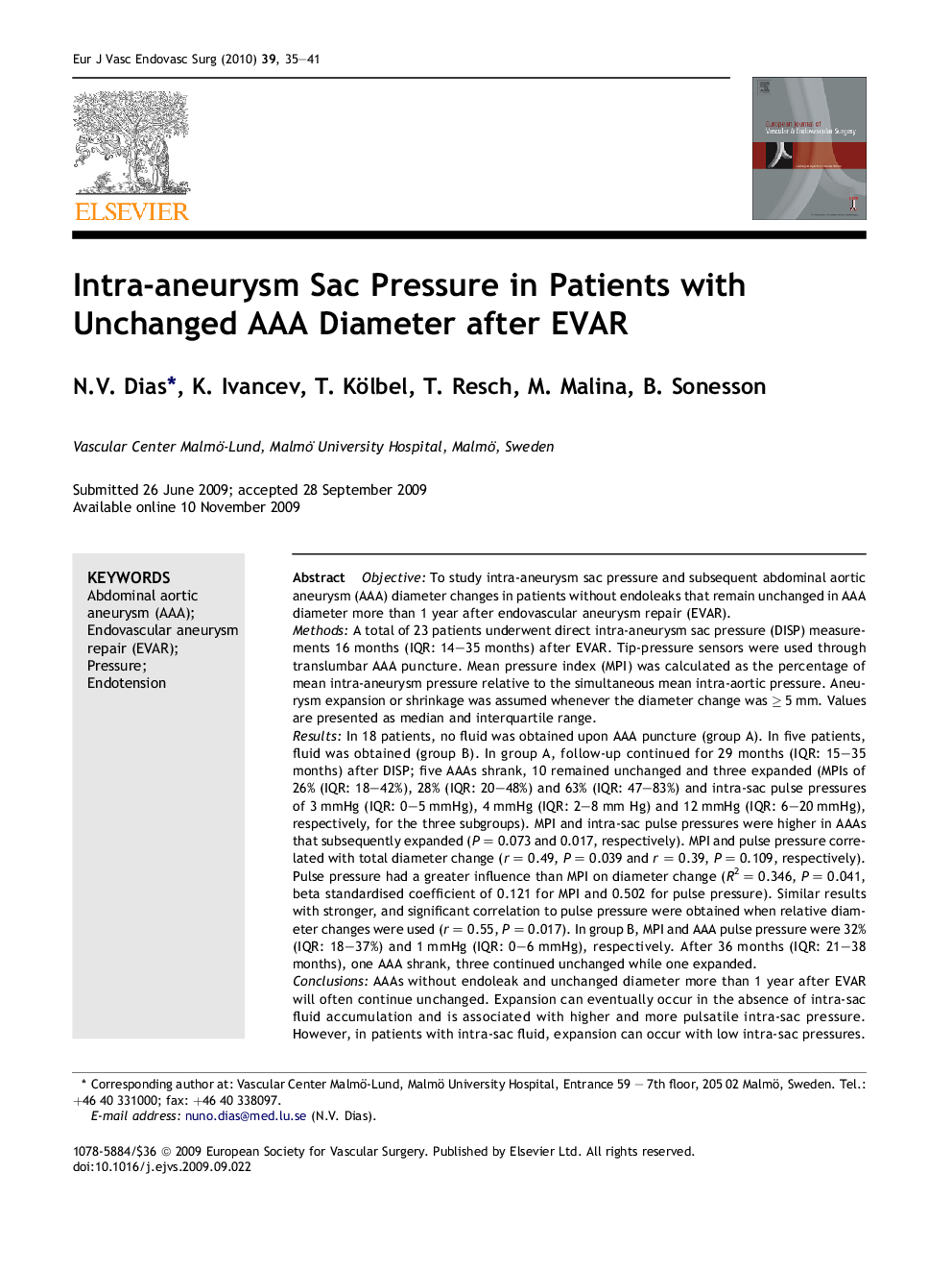 Intra-aneurysm Sac Pressure in Patients with Unchanged AAA Diameter after EVAR