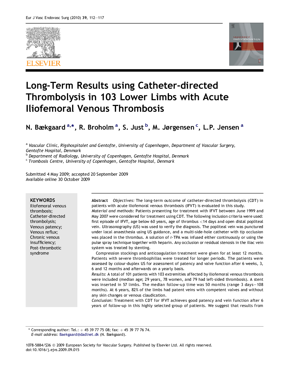 Long-Term Results using Catheter-directed Thrombolysis in 103 Lower Limbs with Acute Iliofemoral Venous Thrombosis