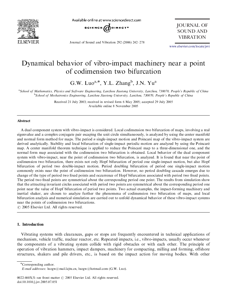 عکس صفحه اول مقاله: Dynamical behavior of vibro-impact machinery near a point of codimension two bifurcation Dynamical behavior of vibro-impact machinery near a point of codimension two bifurcation