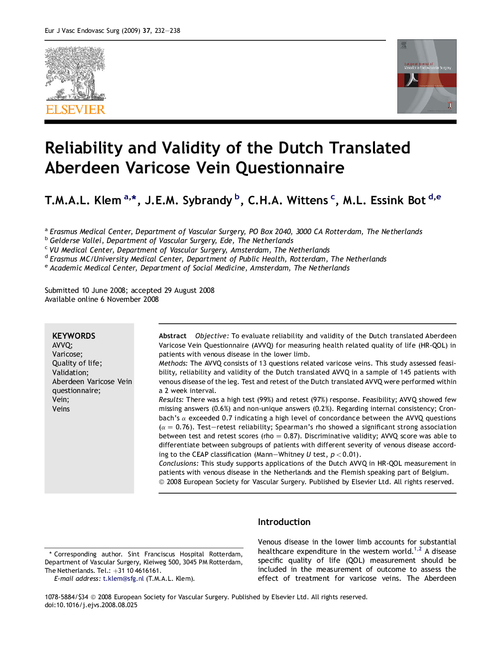 Reliability and Validity of the Dutch Translated Aberdeen Varicose Vein Questionnaire