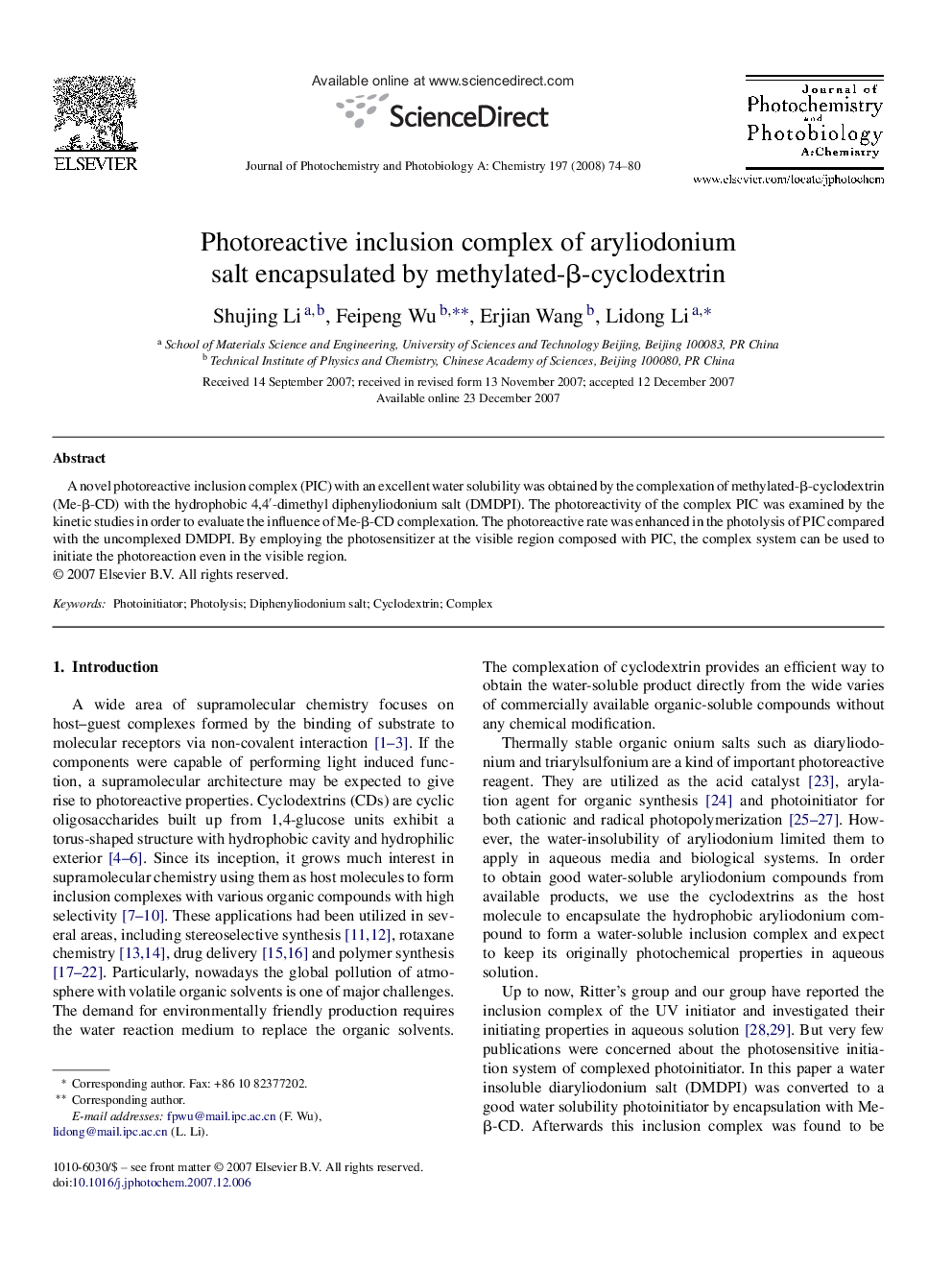 Photoreactive inclusion complex of aryliodonium salt encapsulated by methylated-β-cyclodextrin