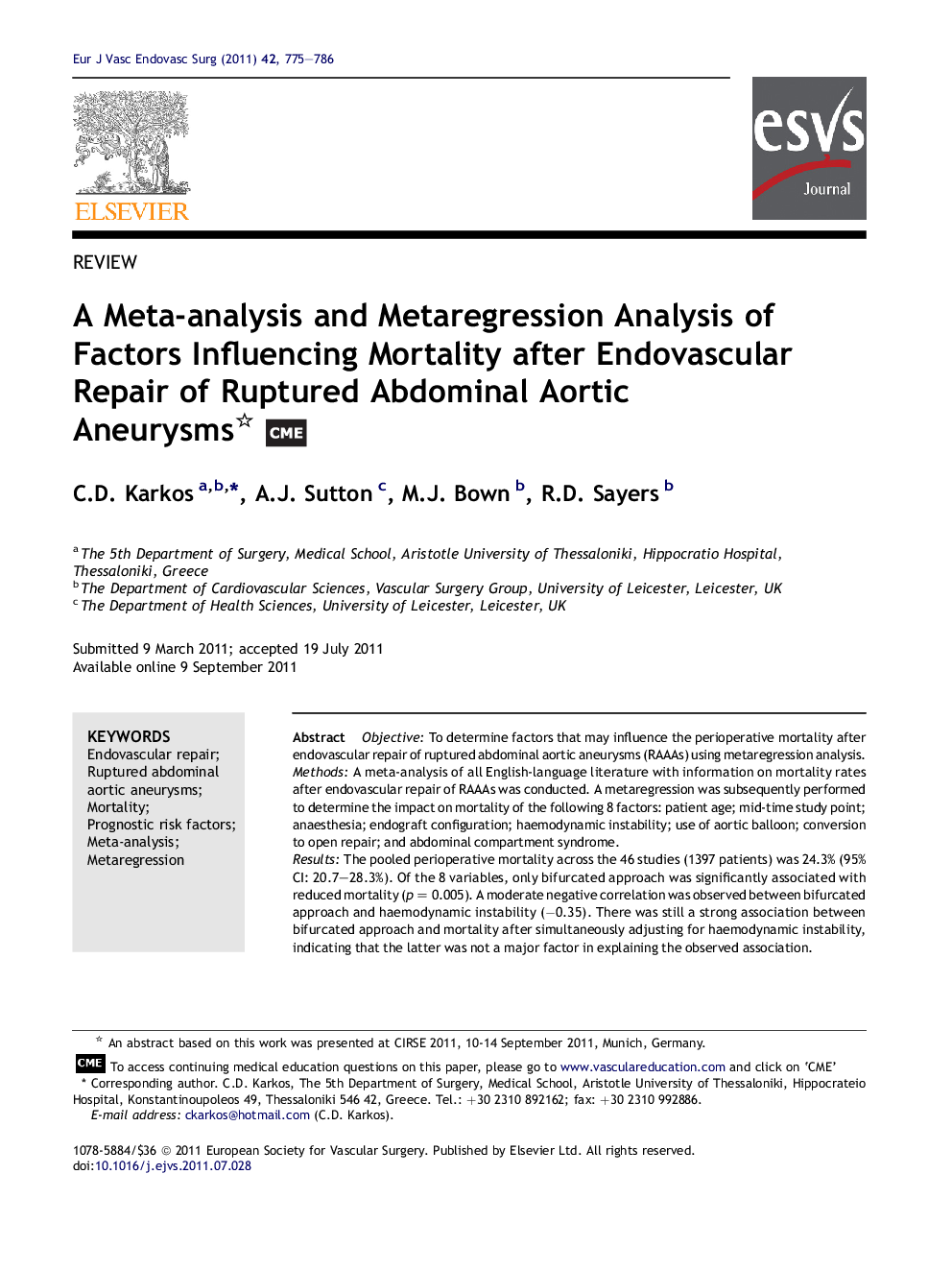 A Meta-analysis and Metaregression Analysis of Factors Influencing Mortality after Endovascular Repair of Ruptured Abdominal Aortic Aneurysms 