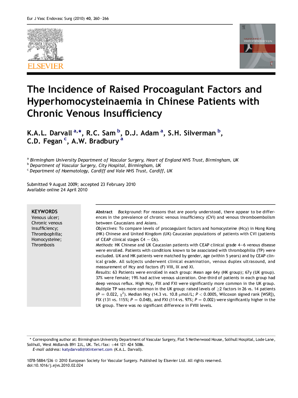 The Incidence of Raised Procoagulant Factors and Hyperhomocysteinaemia in Chinese Patients with Chronic Venous Insufficiency