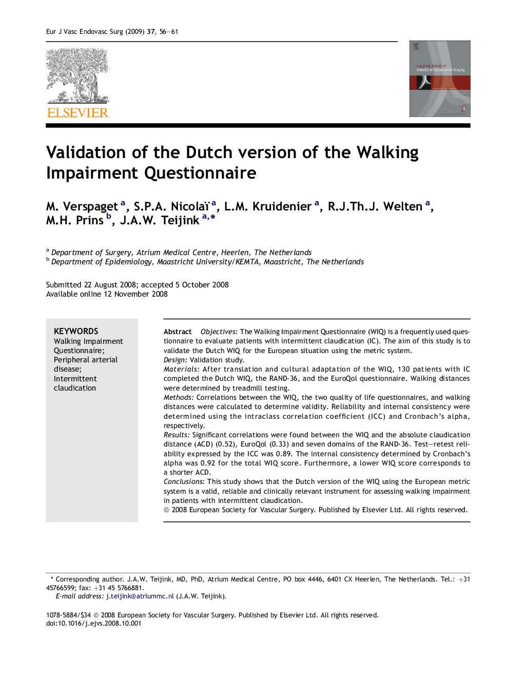 Validation of the Dutch version of the Walking Impairment Questionnaire