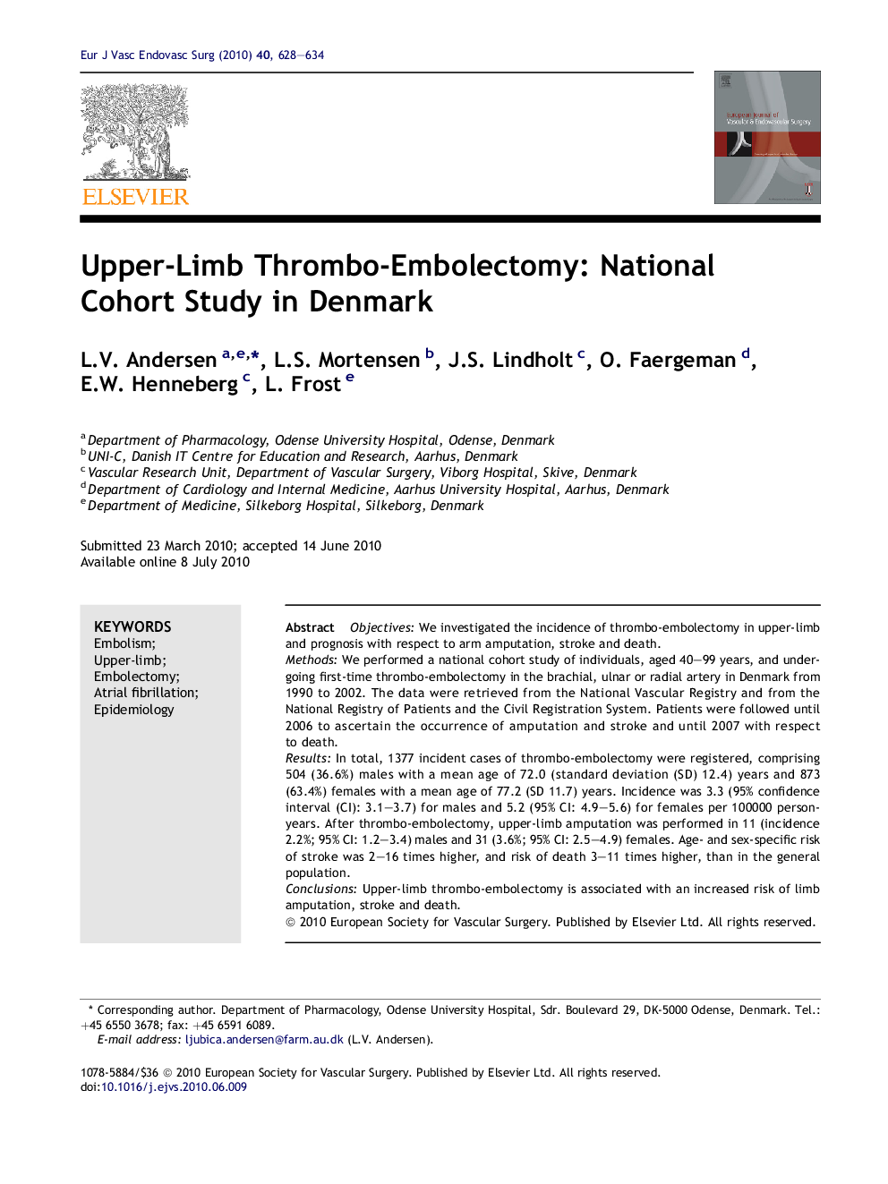 Upper-Limb Thrombo-Embolectomy: National Cohort Study in Denmark