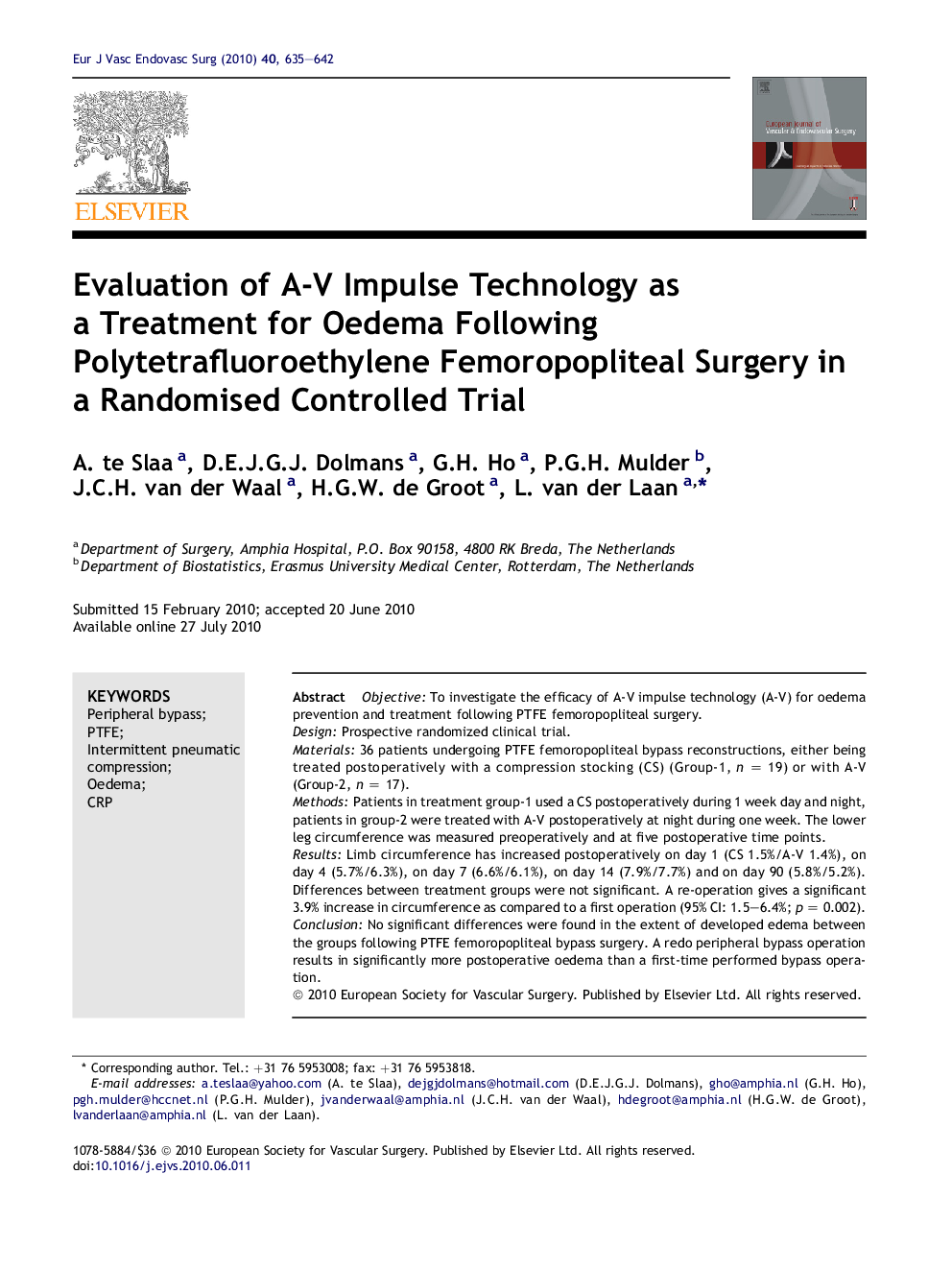 Evaluation of A-V Impulse Technology as a Treatment for Oedema Following Polytetrafluoroethylene Femoropopliteal Surgery in a Randomised Controlled Trial