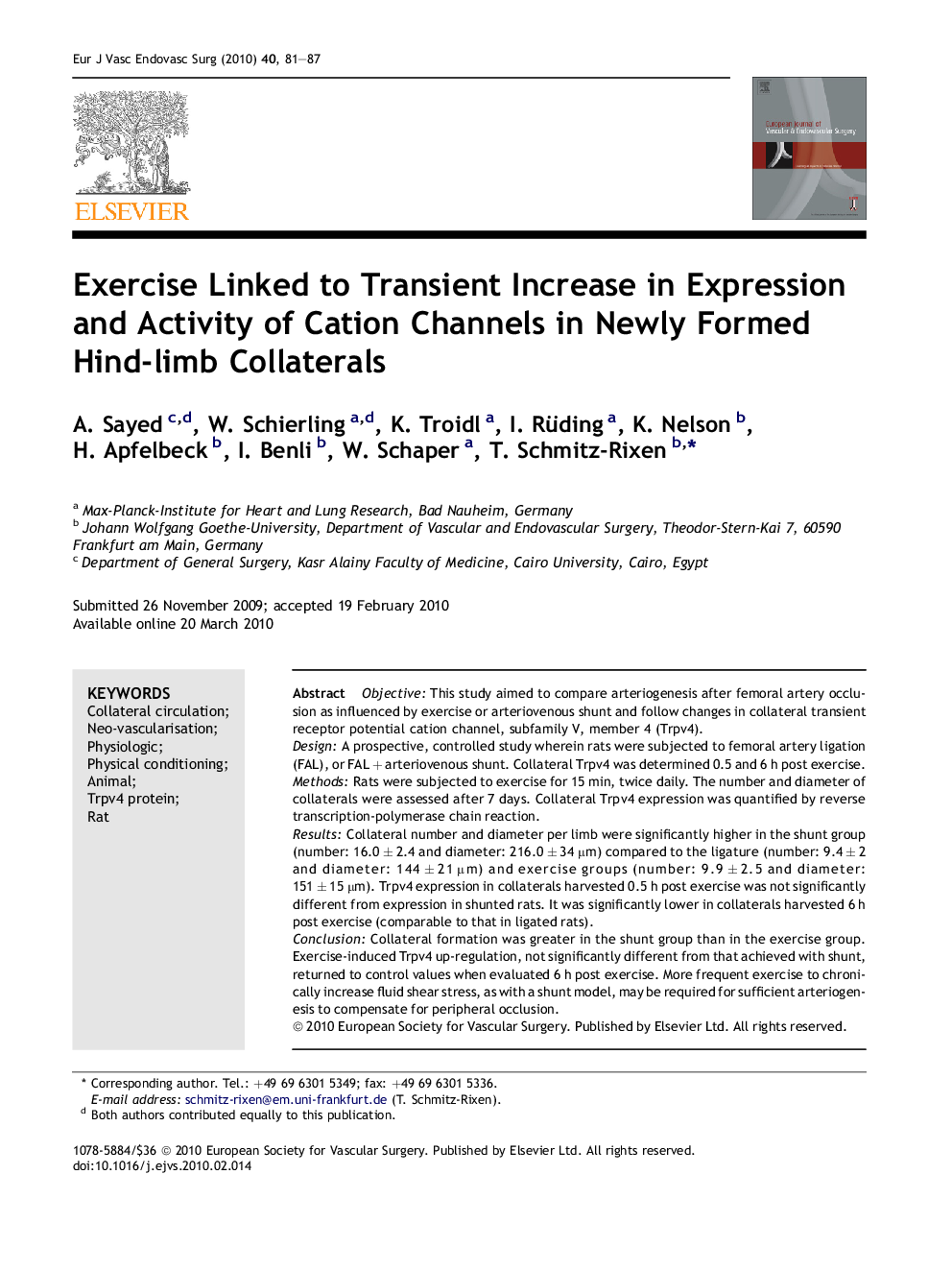 Exercise Linked to Transient Increase in Expression and Activity of Cation Channels in Newly Formed Hind-limb Collaterals