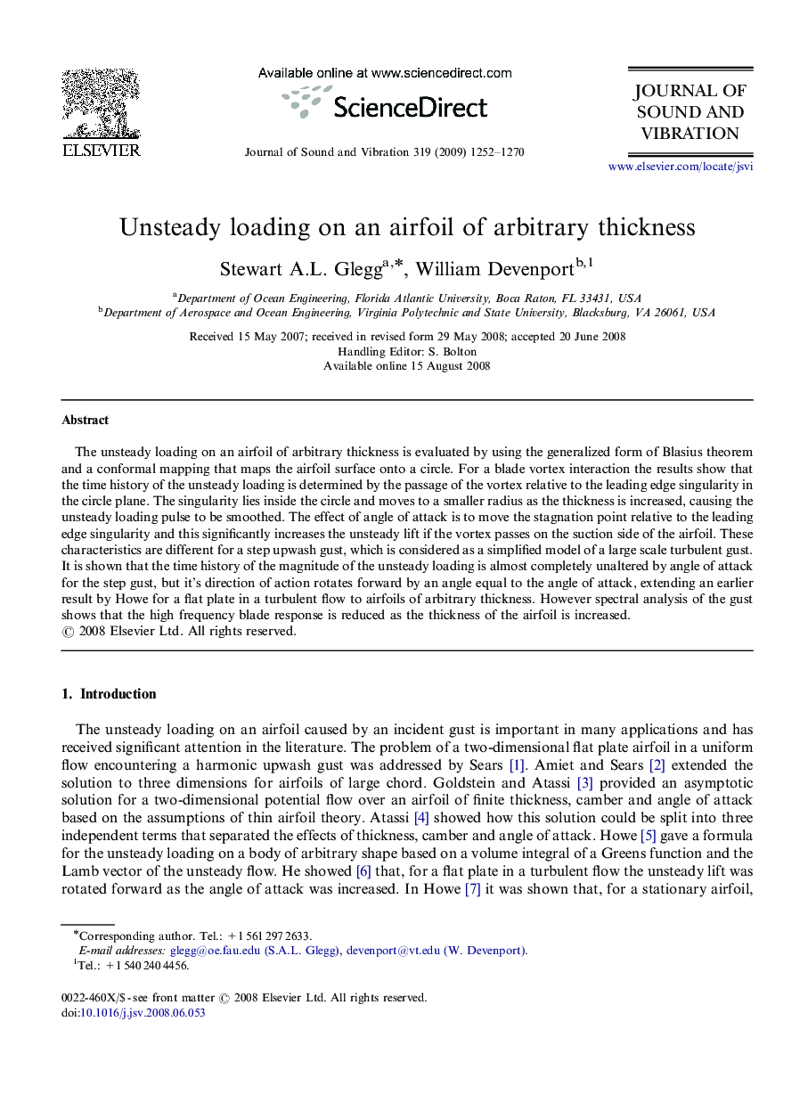 Unsteady loading on an airfoil of arbitrary thickness