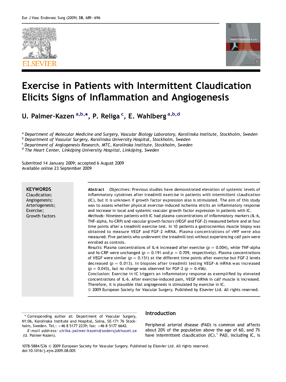 Exercise in Patients with Intermittent Claudication Elicits Signs of Inflammation and Angiogenesis