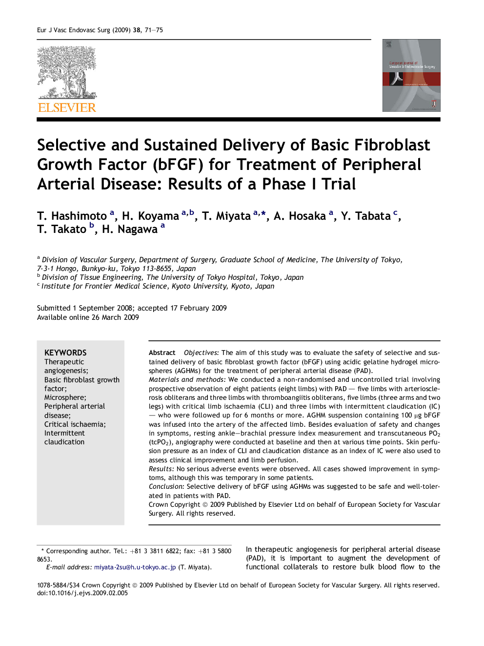 Selective and Sustained Delivery of Basic Fibroblast Growth Factor (bFGF) for Treatment of Peripheral Arterial Disease: Results of a Phase I Trial