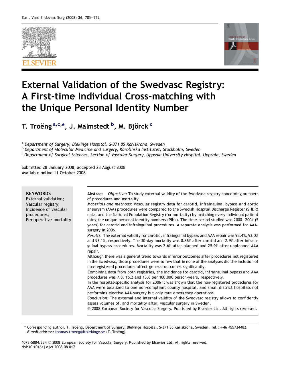 External Validation of the Swedvasc Registry: A First-time Individual Cross-matching with the Unique Personal Identity Number