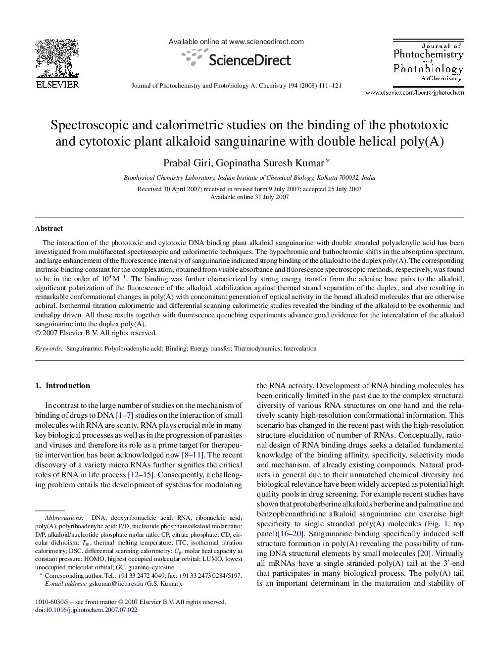 Spectroscopic and calorimetric studies on the binding of the phototoxic and cytotoxic plant alkaloid sanguinarine with double helical poly(A)